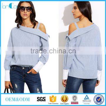 Womens Tops Fashion Autumn Ladies Blue Striped Fold Over Asymmetric Shoulder Long Sleeve Contrast Cuff Blouse