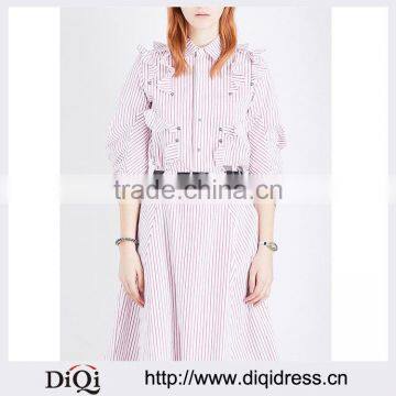 Wholesale Women Apparel Ruffled Trims Curved Hem Collar Pink Cotton Shirt(DQE0263T)