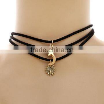 sun moon star charm suede leather choker necklace 3 layer suede leather necklace elegant woman necklace jewelry