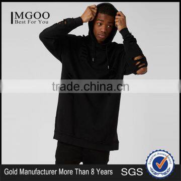 Plain Black Extreme Ripped Oversized Longline Distressed Hoodie Split Side Drawstrings Blank Sweatshirt Men