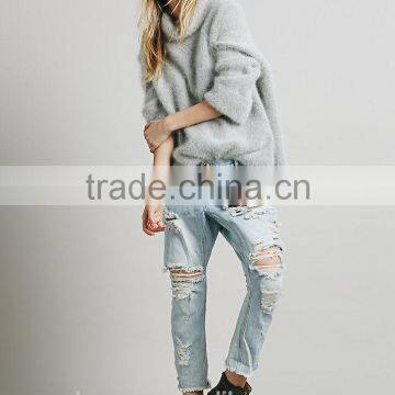 Summer 2016 Women Pants Ladies Casual Blue With Waist-length Ripped Distressed Skinny Jeans Ankle photo-3