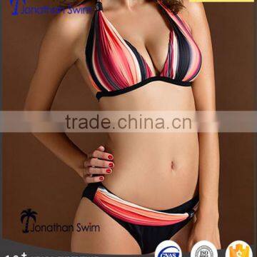 Special sexy stripe print nylon spandex halter bikini with fashion hot fix rhinestone.