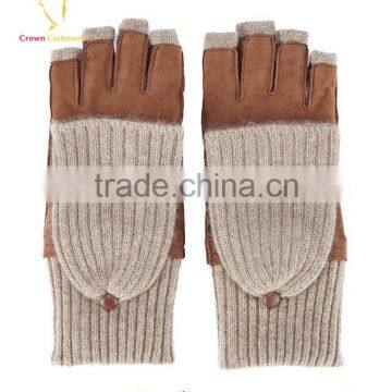 Warm Half Finger Leather Mittens Ladies Cashmere Gloves