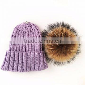 Myfur Cute Lavender Real Raccoon Fur Ball Flip Up Brim Hat