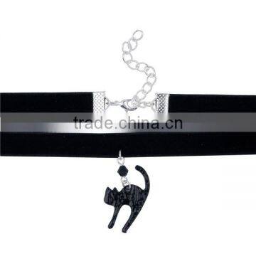 Wholesale Silver Plated Black Cat Velveteen Halloween Choker Necklace photo-2