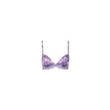 Purple Underwire Padded  Push Up Bras Satin Printing Contrast Color