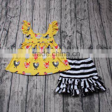 2017 new designs chicken patterns top match ruffle shorts baby girl clothing set kids summer clothes