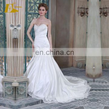 High Quality Ivory Sleeveless Bead Work Lace Applique Pleating Mermaid Lace Up Wedding Dress