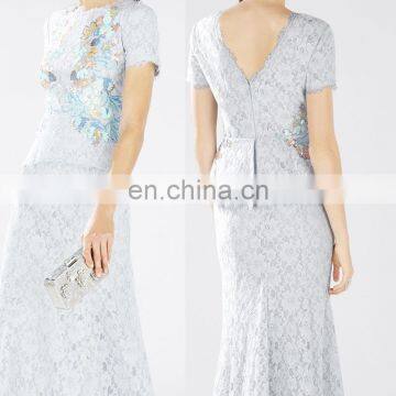 Long dress embroidered short sleeve two pieces maxi evening dress