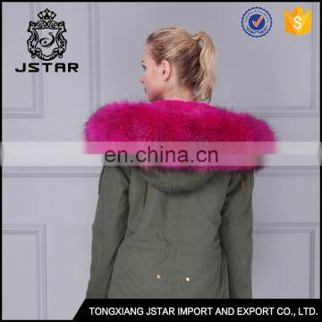 Khaki green outer shell raccoon fur collar and lining parka for women