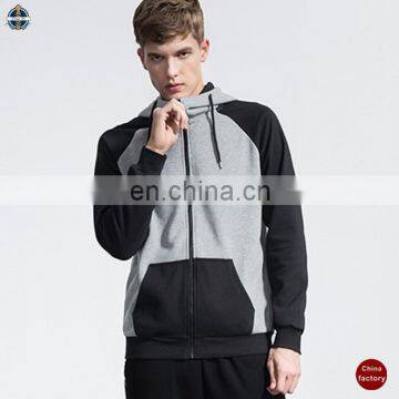 T-MH501 Black and Grey Men Zipper Raglan Sleeve Fleece Hoodie