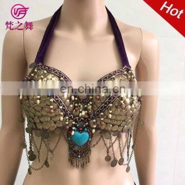 Full copper sequins decorated performance tribal belly dance bra