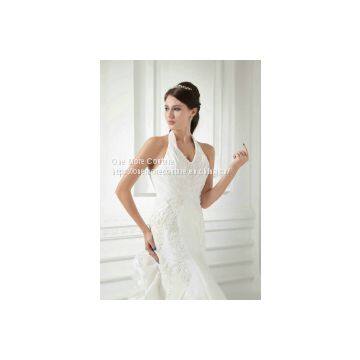 Halter Top Fit and Flare Taffeta Wedding Dresses With Pickups photo-4