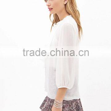 2015 New Design Fashion Elegance Colpus Bow-Tie Falbala 3/4 Sleeve Plain Chiffon Ladies Clothing Women Blouse