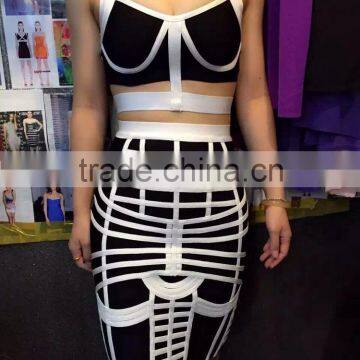 Summer Dress 2015 New Strap Two Piece Set Women Gray Black White Elegant Bodycon Celebrity Bandage Dresses Bandage Bodycon Women photo-2