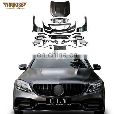 2019+ Hot Selling Car bumper For Mercedes Benz W205 C Class Upgrade C63 AMG Body kit Front Car Bumper Grille Engine Hood Fenders