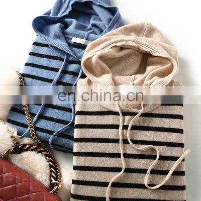 Women Casual Cashmere Knit Striped Pullover Hoodie photo-5