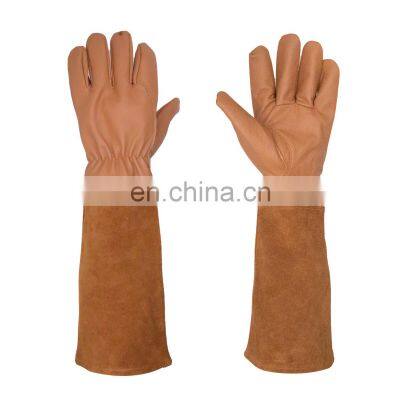 HANDLANDY Brown Long Cuff Goatskin Landscape gloves,Safety Thorn Proof Garden Gloves For Men Women