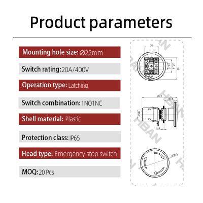 Ip65 22mm Plastic Large Surface Head 20a 1NO 1NC Emergency Switch Self Locking photo-2