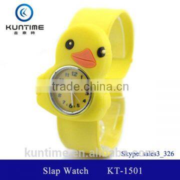 cute little yellow duck slap watch glass face quartz movt wooden bangle watch