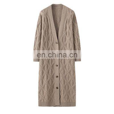 Women's X-Long Pure Cashmere Cardigan Fashionable Open Front V-Neck Collar Streetwear Style Button up Knitted Coat for Winter