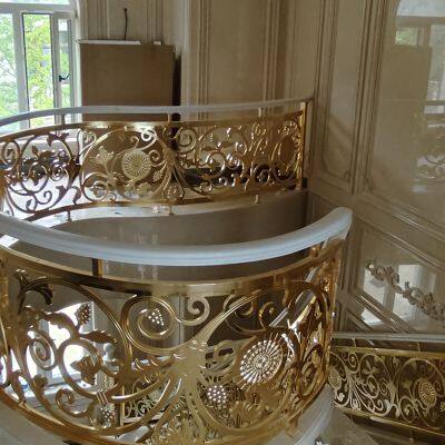 Curved Rotating Villa Stairs European Brass Engraved Sandblasted Gold-plated Handrails photo-2
