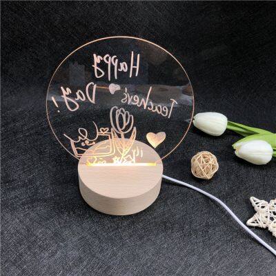 Hot sale Creatives DIY 3D Led Erasable Blank Pen Rewrirable Acrylic Note Board Illusion Night Lamp With Wooden Base Night Lights