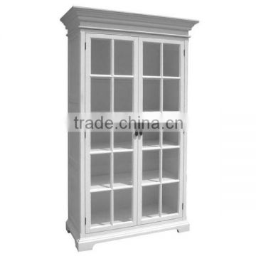 WH-4037 French Style Tall Bookcase White Wooden Shelf Glass Display Cabinet