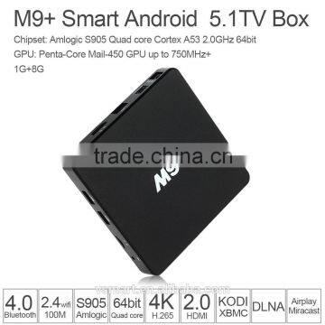 M9+ Android TV box Android 5.1 Amlogic S905 Quad Core 64 Bits 1G 8G Kodi XBMC 4K 3D LAN WIFI H.265 Airplay Miracast M9+ TV Box