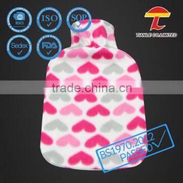 Cheap hot water bag with heart pattern fleece cover