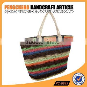 Rainbow color stripe paper straw material beach crochet bag women handbag