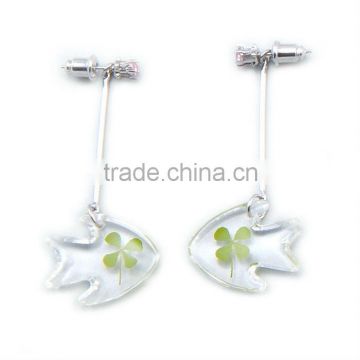 Latest fashion crystal four leaf clover earring jewelry with fish shape