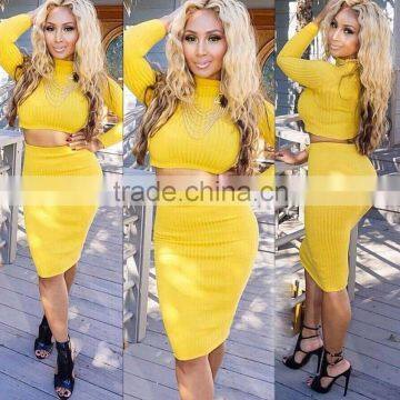 2015 Sexy Two Piece Long Sleeve Knit Sweater Party Dress Bandage Bodycon Dress