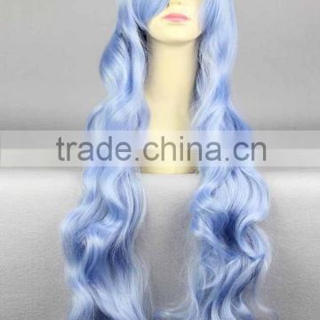 Synthetic Light blue long kinky curls wig with long bangs for woman N432