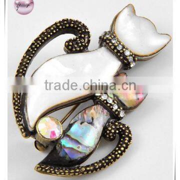 Burnished Gold Tone / White & Green Abalone Shell / Lead&nickel Compliant / Animal / Cat Brooch