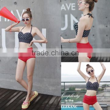 Women's Summer Vintage Polka Dots Print Bikini Top + Bandage Bottom Swimsuit