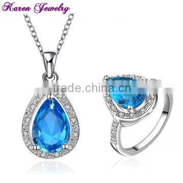 New Big Sapphire Blue Zircon Crystal Necklace Ring Jewelry Set Wedding Jewelry Sets for Women Platinum Plated CZ Diamond Jewelry