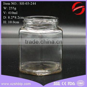 410ml hexagon glass jam jar with metal lid for storage