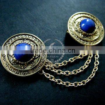 Vintage Bronze Round Engraved Victorian Blue Cabochon Chain Fashion Collar Brooch Jewelry 6520002 photo-2