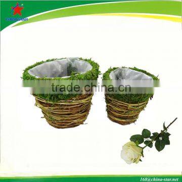 10" rattan and moss garden flower pot