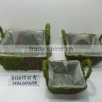 bark planter flower pot with moss decoration