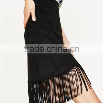 Wholesale Custom Manufacturer Faux Suede Skirt With Fringe Midi Skirts With Tassel Details High Quality photo-3