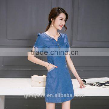 Lastest Design Oem Spring Blue V-neck Short Sleeve Denim Wash Double Shirt Ladies Dresses photo-2