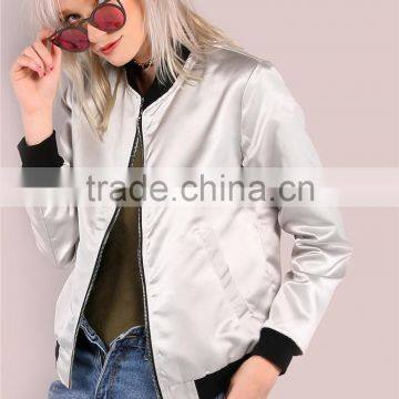 Women Satin Zip Up Jacket Sleek Metallic Bomber Jacket Silver Ribbing Trim Outwear With Side Pockets photo-3