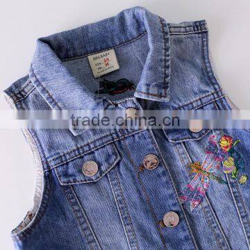 S60590B 2017 Girls Vest Turn Collar Children Clothes Embroidery Waistcoats Sleeveless Kids Jeans Jackets photo-4