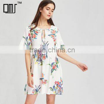 WHITE Flower designed short dress, women chiffon short sleeve dress