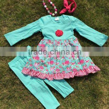 2015 new design turq outfits flower print girls suit baby kidswear clothes long sleeves pant with accessories