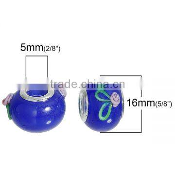 New Design Round Silver Plated Core Deep Blue Flower Pattern Enamel Lampwork Glass European Style Large Hole Charm Beads photo-2