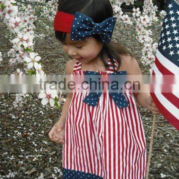 Latest design July 4th dress bowknot red striped sundress blue buttom baby dress