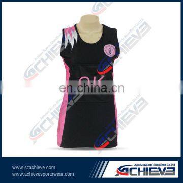 sublimated made netball bodysuit,lycra Material ,OEM custom netball bodysuit with bibs